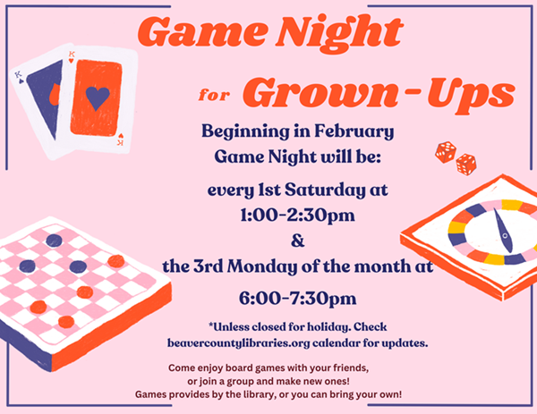 Come enjoy board games with your friends, or join a group and make new ones! Games provided by the library, or you can bring your own!