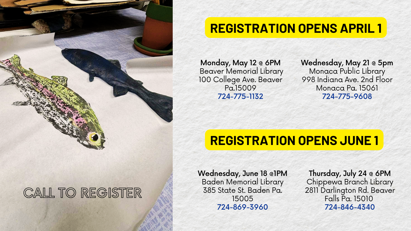 Photo of rainbow trout ink print and replica fish. Library Information and instructions on how to register by phone.