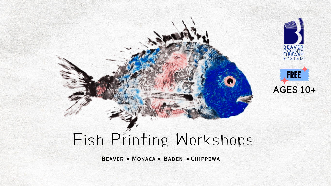 a picture of a blue and red fish ink print with "Fish "Printing Workshops" placed on it. Also has the county logo and library names.