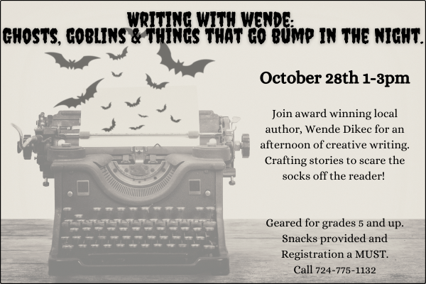 Writing with Wende Dikec program.  OCtober 28th 1-3pm
