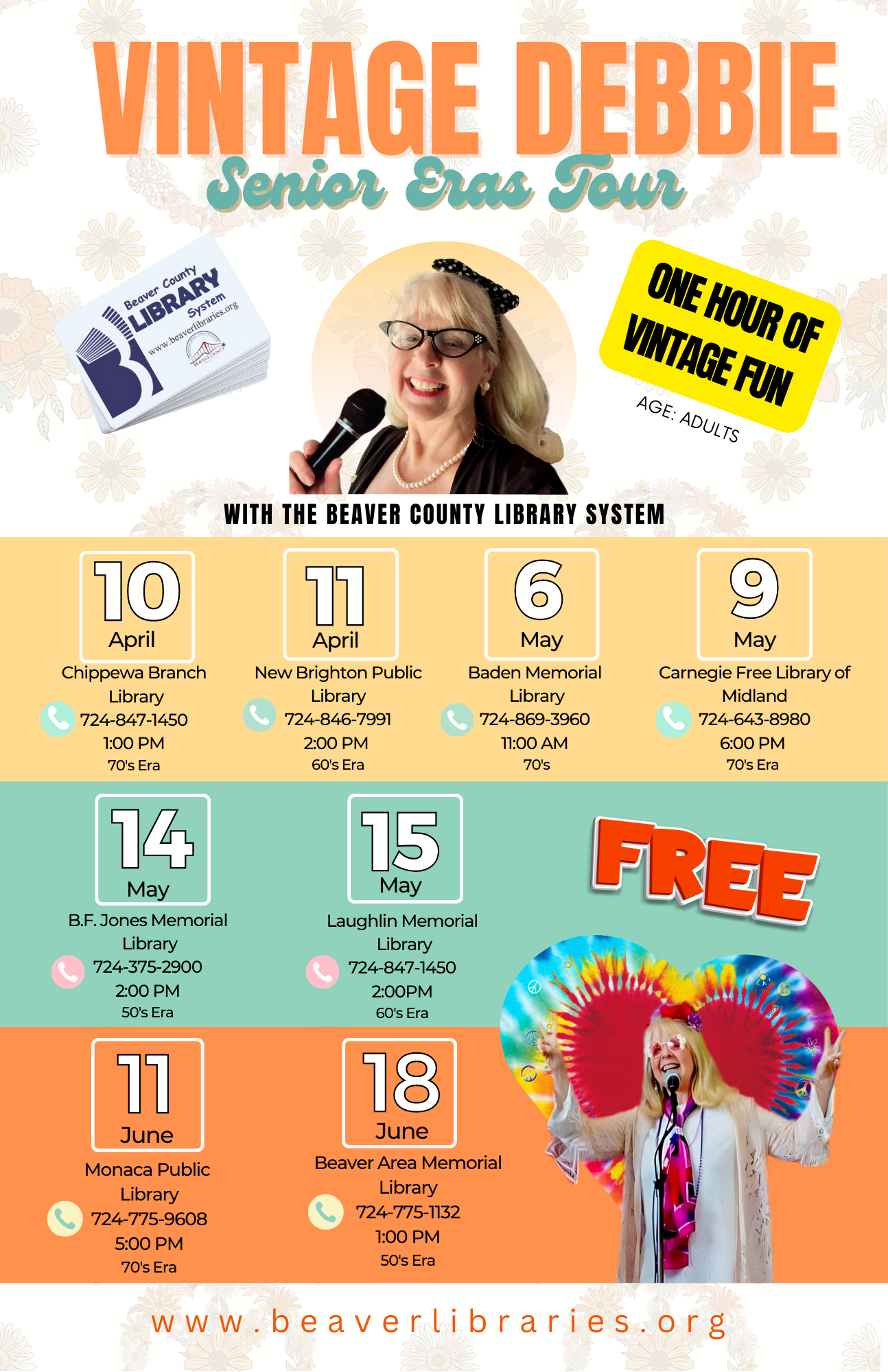 Vintage Debbie Eras Tour Poster with dates, times and locations of Debbies Performances.