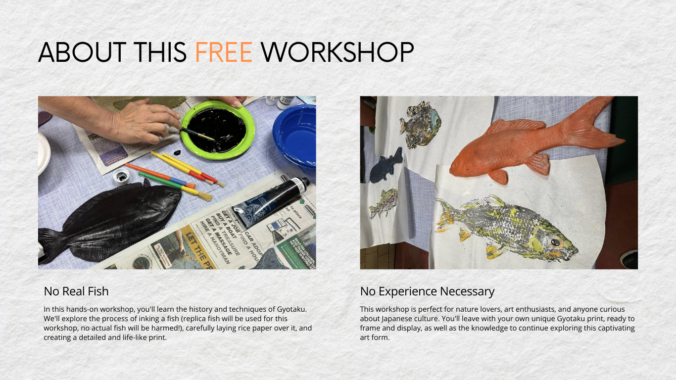 photo one- a person's hand dipping a paint brush in ink with painting supplies . Photo 2- two replica fish laying next to their ink print.