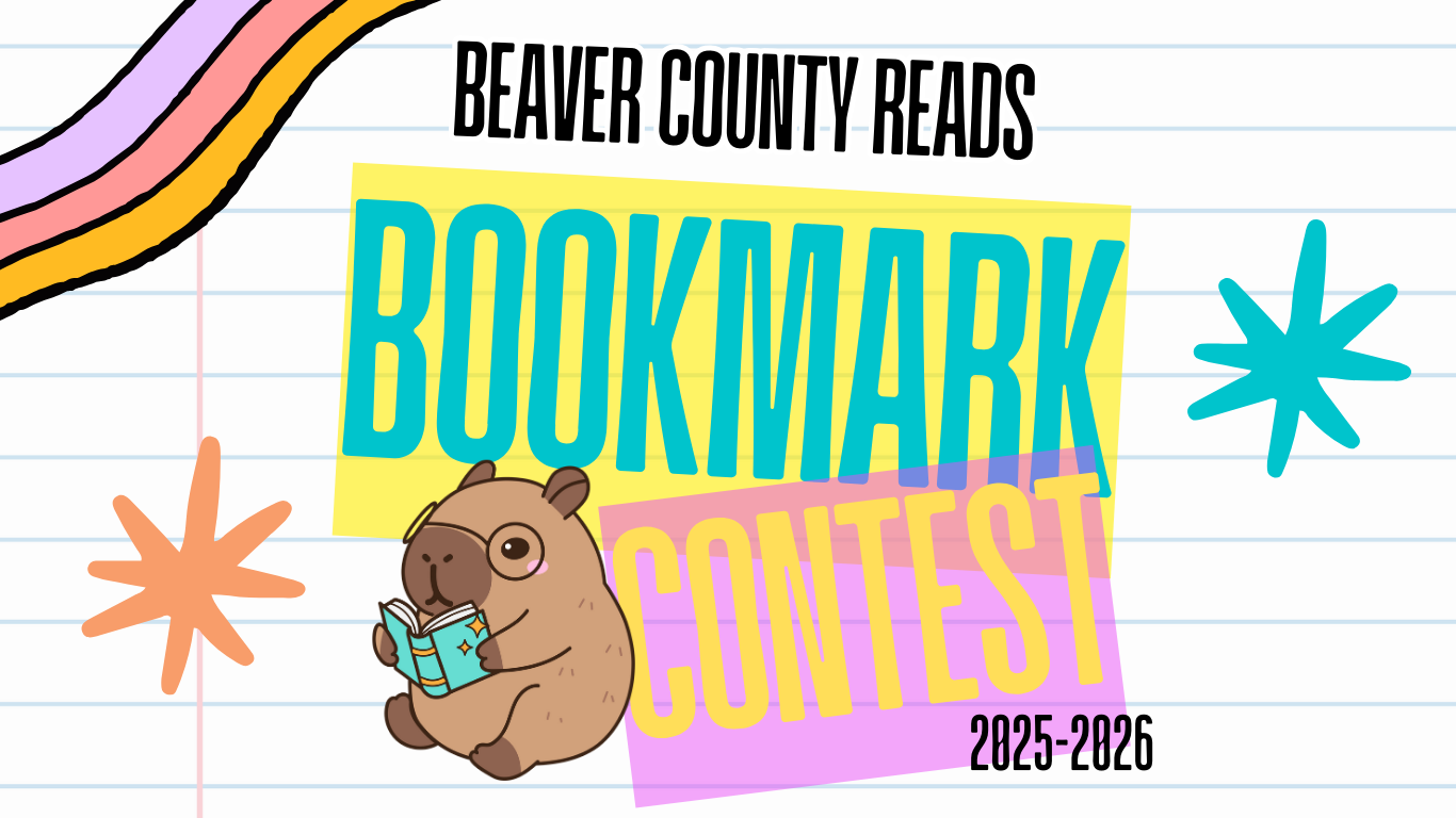 Picutre of a capybara reading a book promoting Beaver County Bookmark Contest