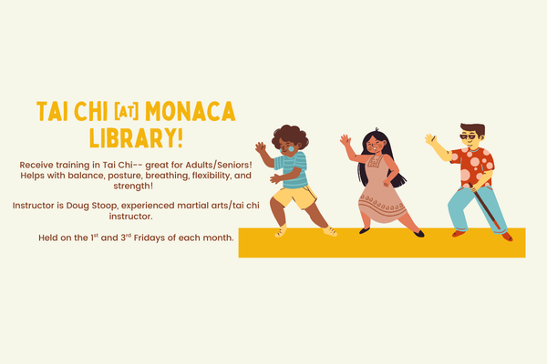 Drawing of diverse people doing tai chi. Text: Receive training in Tai Chi -- great for Adults/Seniors! Helps with balance, posture, breathing, flexibility, and strength!  Instructor is Doug Stoop, ex